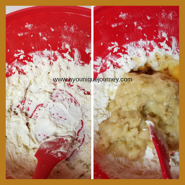 Left picture: butter, sugar and milk mixed together.
Right picture: eggs, vanilla extract and mashed bananas added to creamed butter.