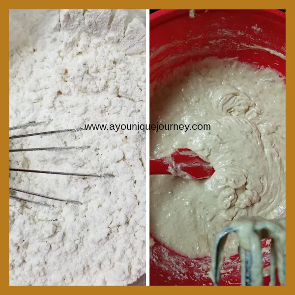 Left picture: flour, salt, nutmeg, baking powder & baking soda whisked together.
Right picture: wet ingredients added to the dry ingredients.
