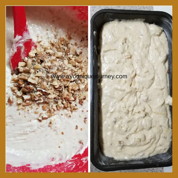 Left picture: the nuts (walnuts & pecans) added to the mixture.
Right picture: mixture in loaf pan but I forgot to leave some of the nuts to sprinkle on top. Silly me.