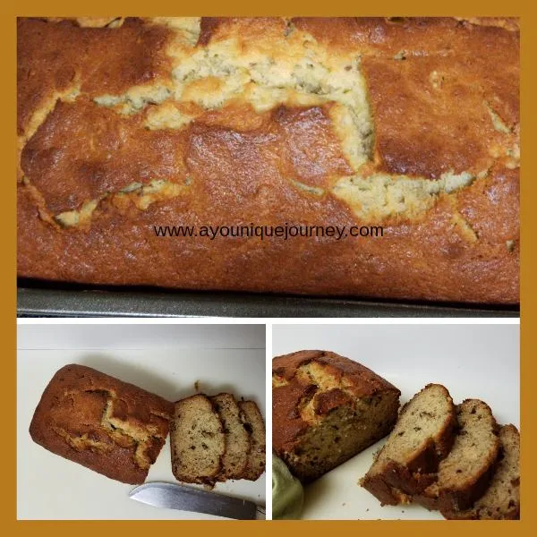 Three different pictures of sliced Banana Bread.