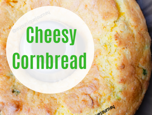 Cheesy Cornbread just finish baking in a Bundt pan.