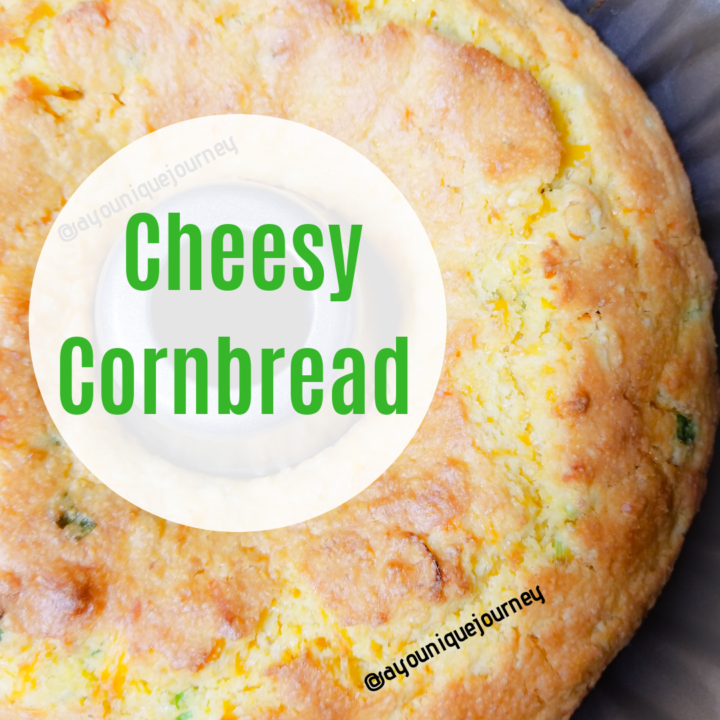 Cheesy Cornbread just finish baking in a Bundt pan.