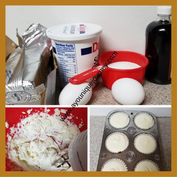 Top picture is all the ingredients to make the batter.
Bottom left picture is the cream cheese mixing.
Bottom right picture is the cheese cake batter ready to be placed in the oven.