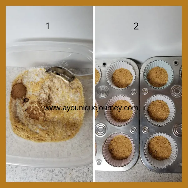 1st picture is Graham Crackers crumbs, cinnamon and melted butter.
2nd picture is the completed crust in cupcake liners.