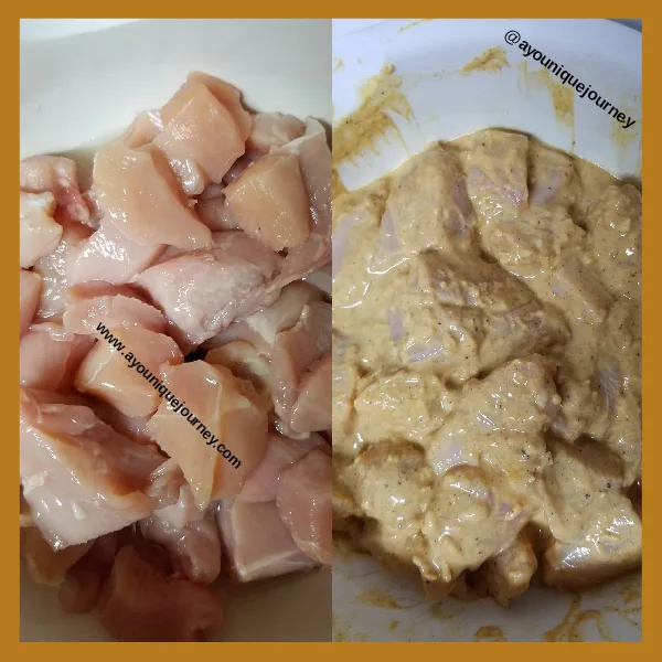 Left Photo: Chicken bite size pieces.
Right Photo: Chicken pieces in yogurt and spices marinating to make some delicious Chicken Tikka Masala.