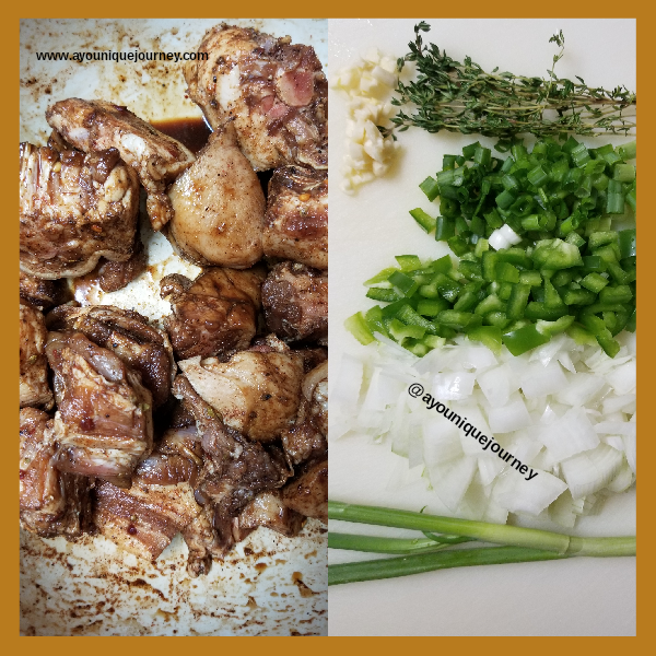 Left Photo: Seasoned Pig's Tail
Right Photo: Chopped herbs and vegetables.