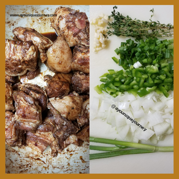 Left Photo: Seasoned Pig's Tail  Right Photo: Chopped herbs and vegetables.