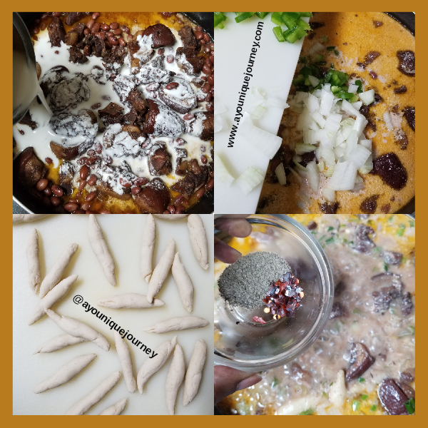 Top Left Photo: Adding the can of coconut milk, after adding the 2 cups of water.  Top Right Photo: Adding the bell pepper, onions and thyme.  Bottom Left Photo: Spinners to be added to the pot.  Bottom Right Photo: Adding red pepper flakes and black pepper to pot.