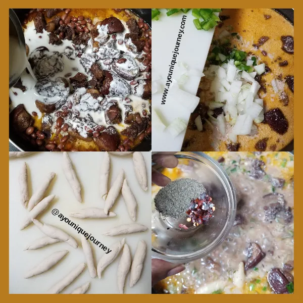 Top Left Photo: Adding the can of coconut milk, after adding the 2 cups of water.
Top Right Photo: Adding the bell pepper, onions and thyme.
Bottom Left Photo: Spinners to be added to the pot.
Bottom Right Photo: Adding red pepper flakes and black pepper to pot.