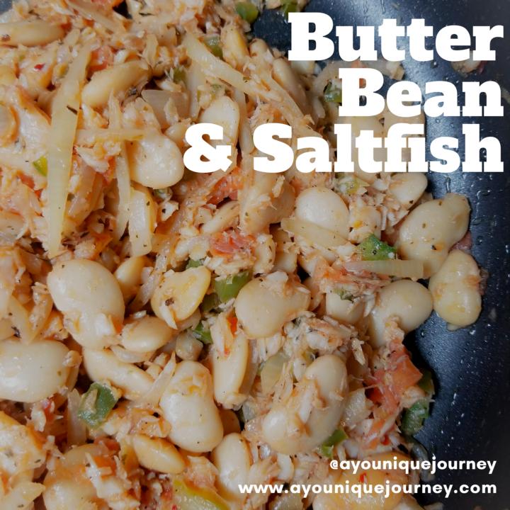 Butter Beans and Saltfish in a skillet.
