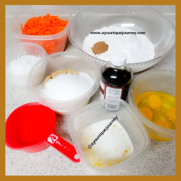 Ingredients to make the Carrot Cake batter.