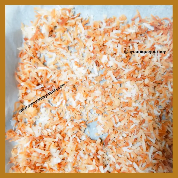 Toasted coconut flakes to use to decorate carrot cake.