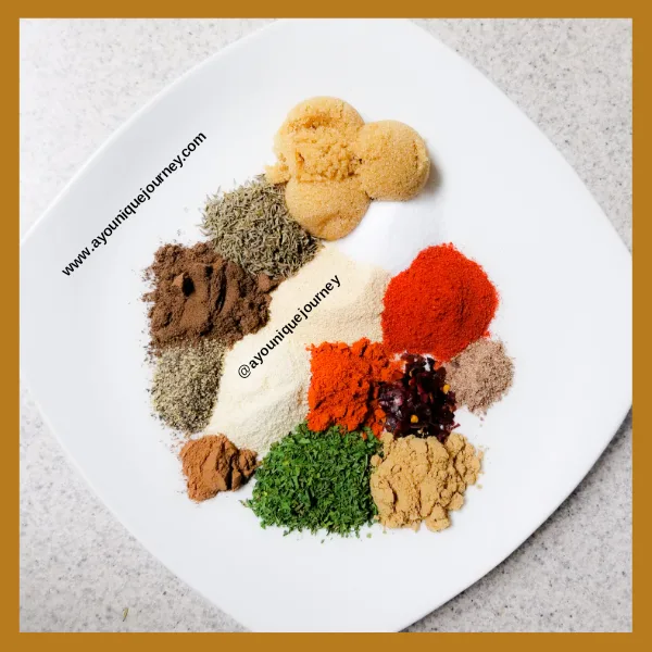 Mixture of different spices and herbs on a plate.