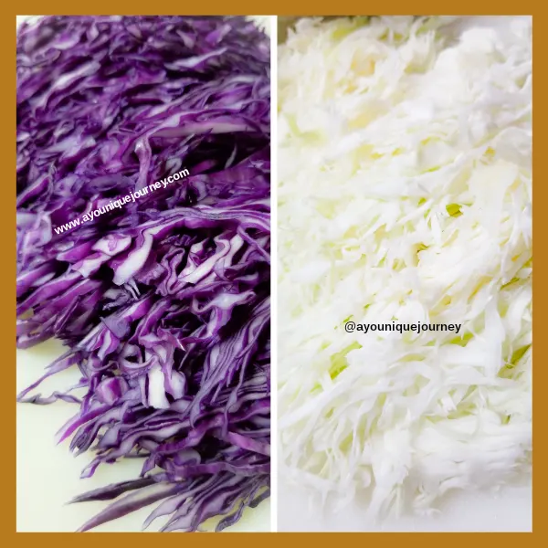 Hand shredded purple and green cabbage.