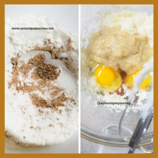 Left Photo: All the dry ingredients before whisking them.
Right Photo: Adding the mashed ripe bananas, eggs and vanilla to the creamed butter.