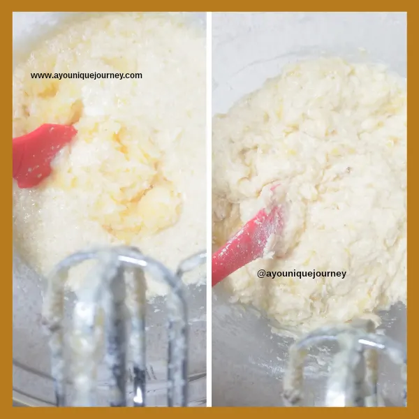 Left Photo: Adding the crushed pineapples to the mixture.
Right Photo: After mixing the wet with the dry ingredients.