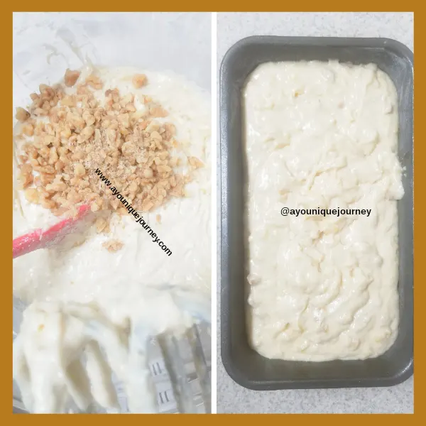 Left Photo: Adding the chopped walnuts to the batter.
Right Photo: Finished batter in a loaf pan, ready to bake.