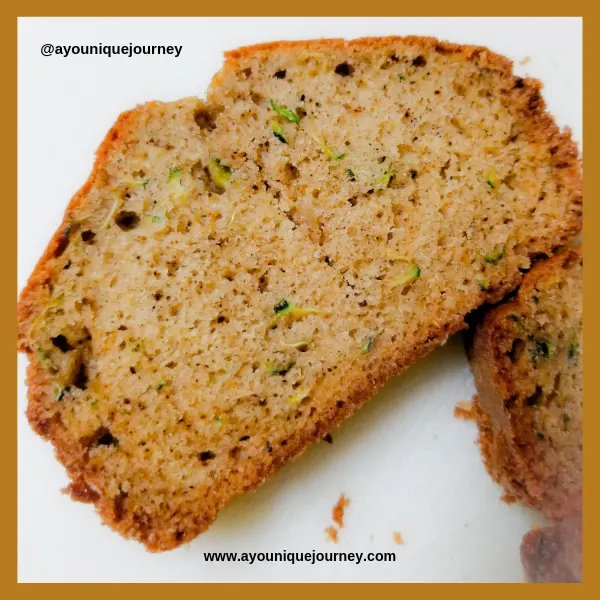 A slice of Zucchini Bread showing the grated zucchinis in it.