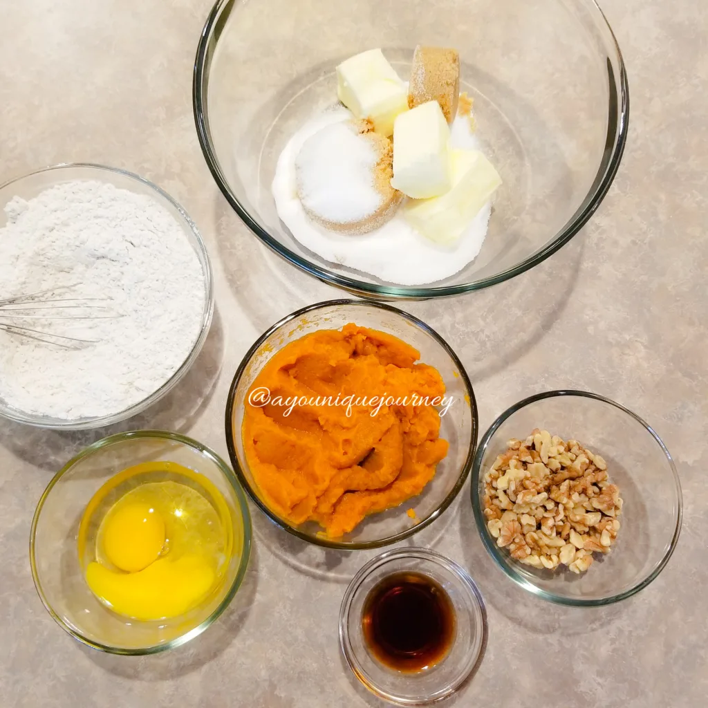 All the ingredients to make the Pumpkin Bread.