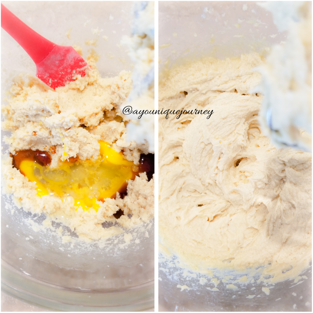 Before and after pictures of adding the eggs and vanilla extract to the creamed sugar and butter.
