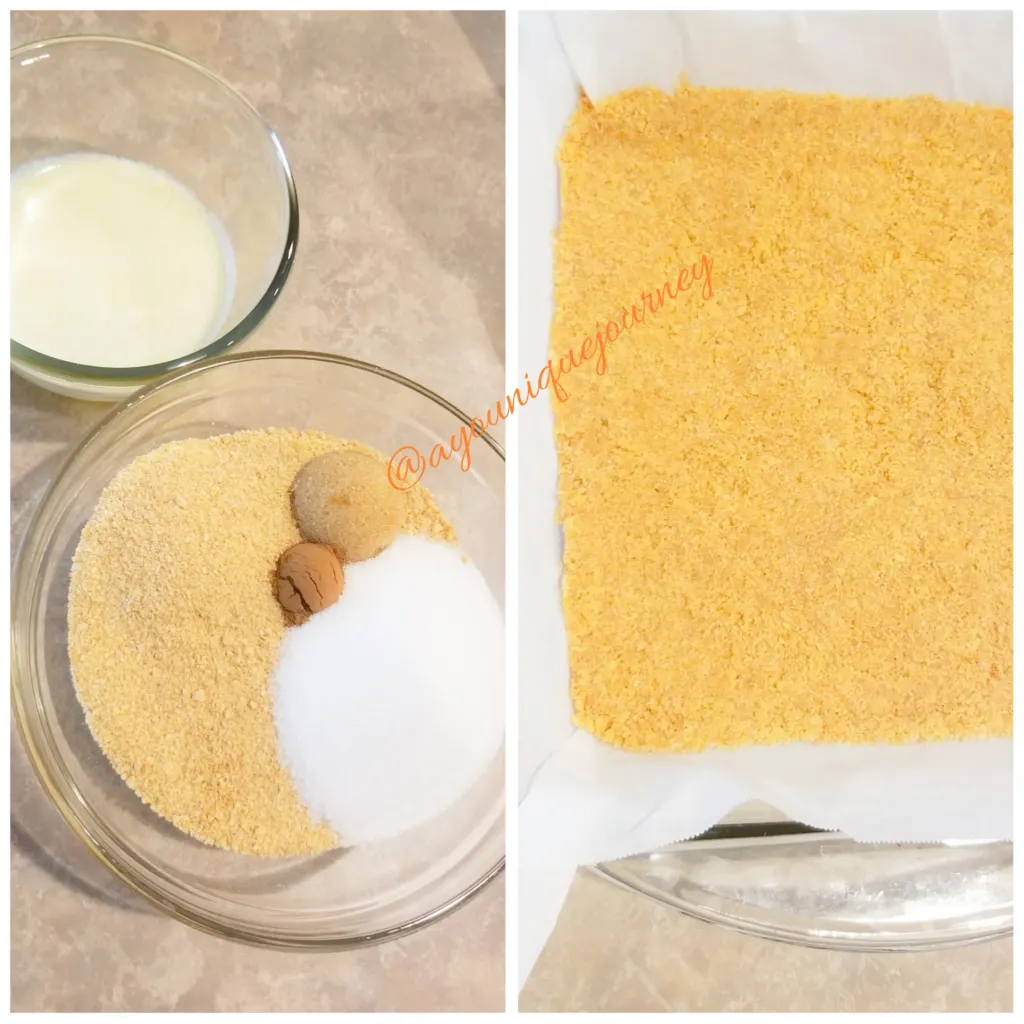1st photo: ingredients to make crust.
2nd photo: pressed crust in baking pan.
