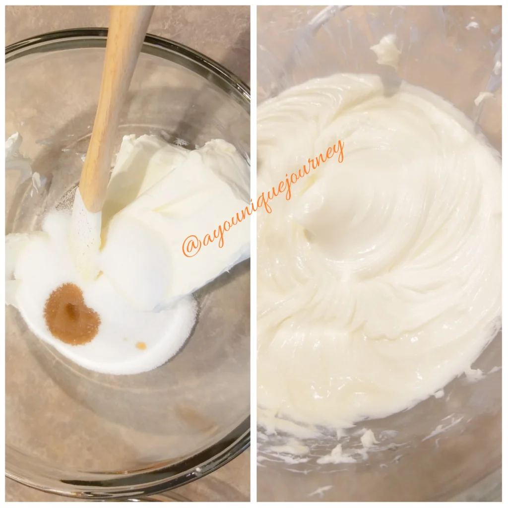 1st photo: creaming the cream cheese, sugar, vanilla extract and salt.
2nd photo: the cream cheese mixture.