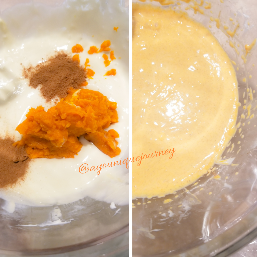 Adding the pumpkin and spices to the remainder of cheesecake filling.