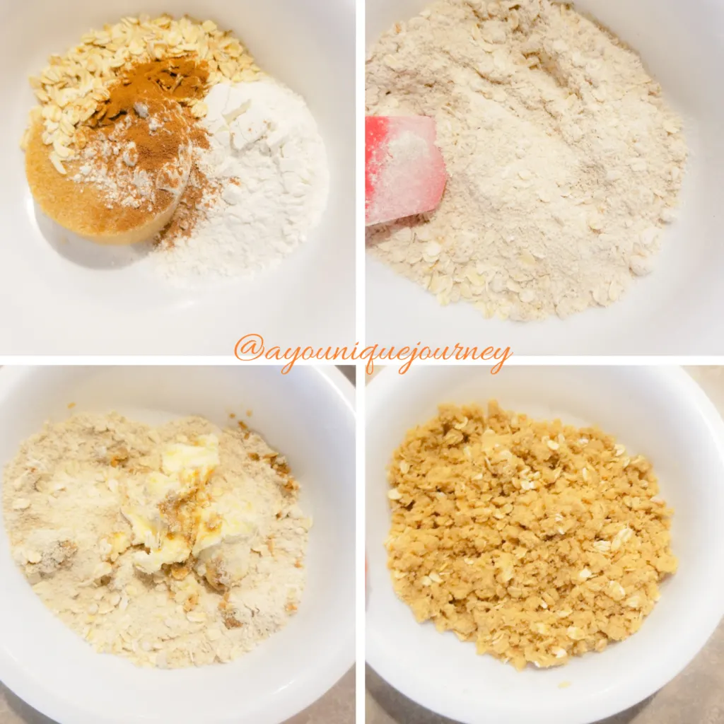 The process of making the streusel for the top of the Pumpkin Streusel Cheesecake Bars.