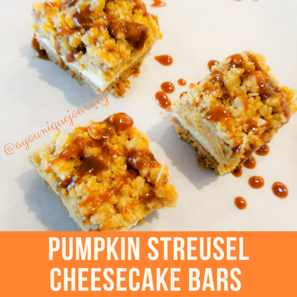 Pumpkin Streusel Cheesecake Bars with Pumpkin Caramel Sauce drizzled on top.