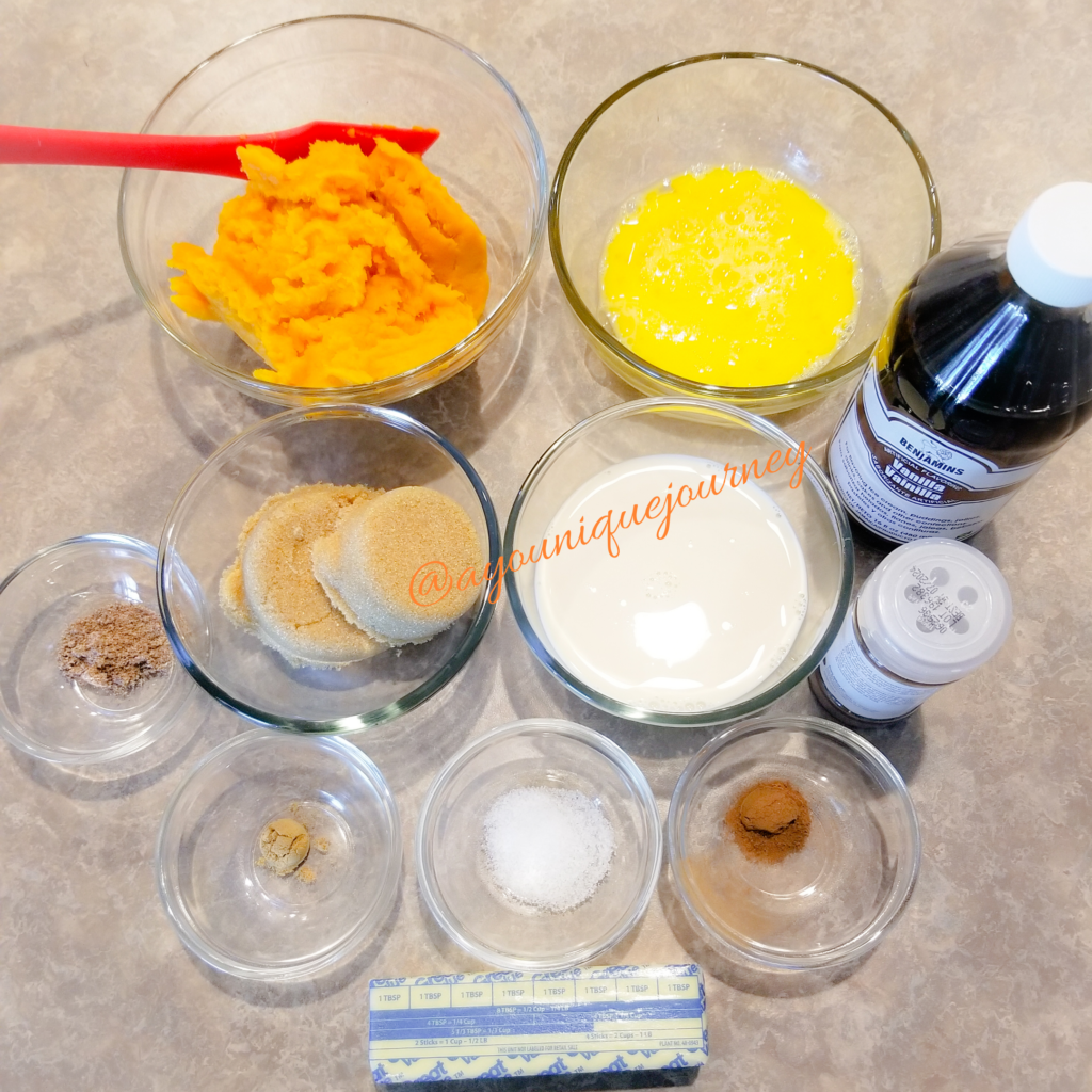 All the ingredients to make the sweet potato pie filling.
