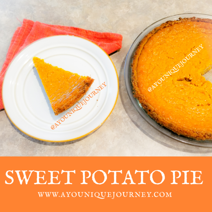 A slice of Sweet Potato Pie on a white plate.