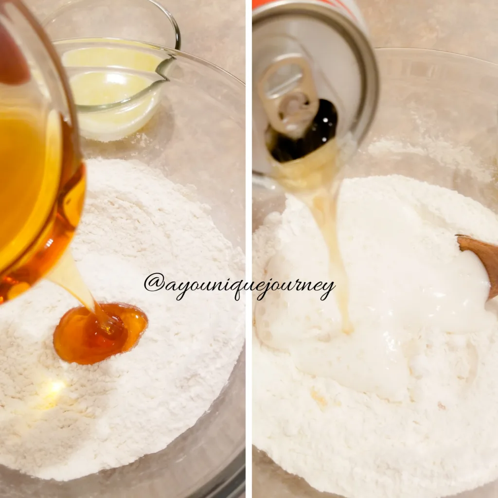Adding the honey and beer to the dry ingredients.