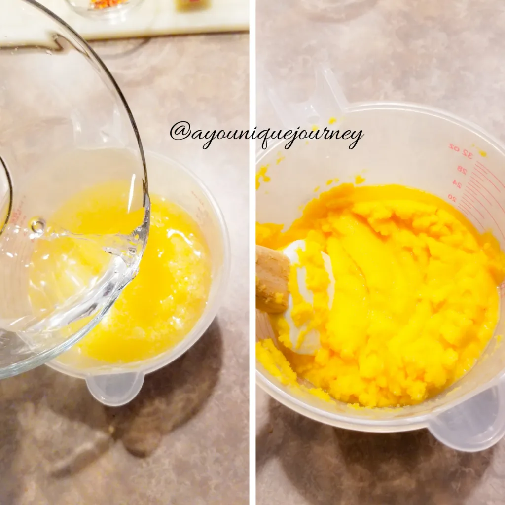 Mixing the cornmeal with water to make a paste.