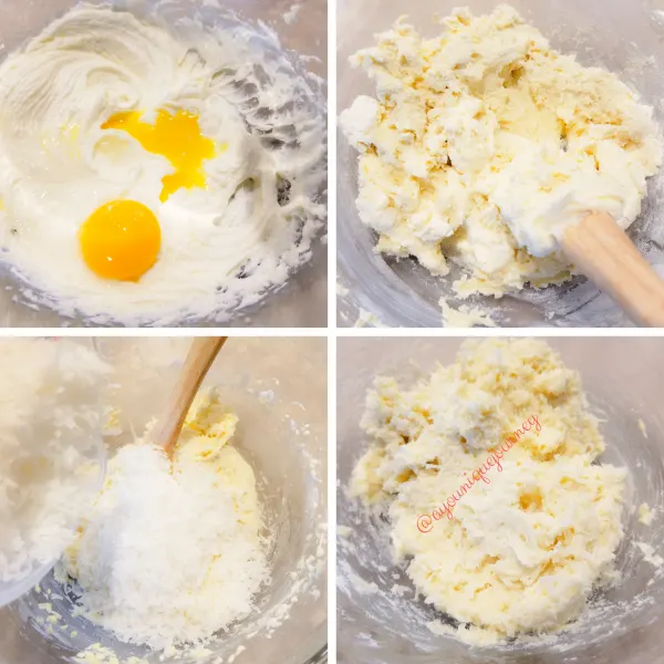 Adding the egg yolk, orange juice and almond extract to the creamed butter. Mixing the flour evenly and adding the shredded coconuts to form the cookie mixture before putting it in the refrigerator.