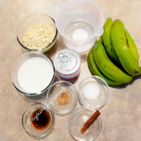 All the ingredients to make Banana Oatmeal Porridge.
