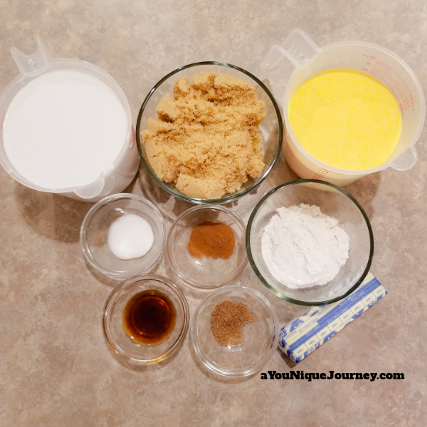 All the ingredients to make the Jamaican Cornmeal Pudding.