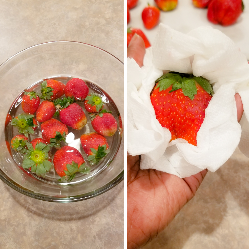 Washing and drying the Strawberries.