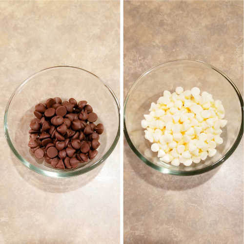 Dark Chocolate and White Chocolate in small bowls. Melting according to the package directions.