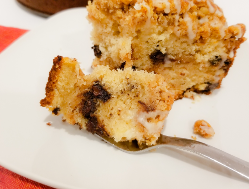 A slice of Chocolate Chip Coffee Cake.
