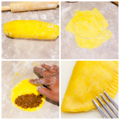 Assembling the Jamaican Beef Patty.