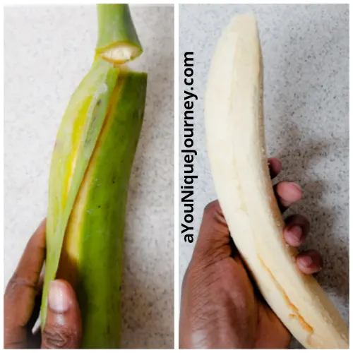 Peeling a green plantain for the Jamaican Plantain Porridge.