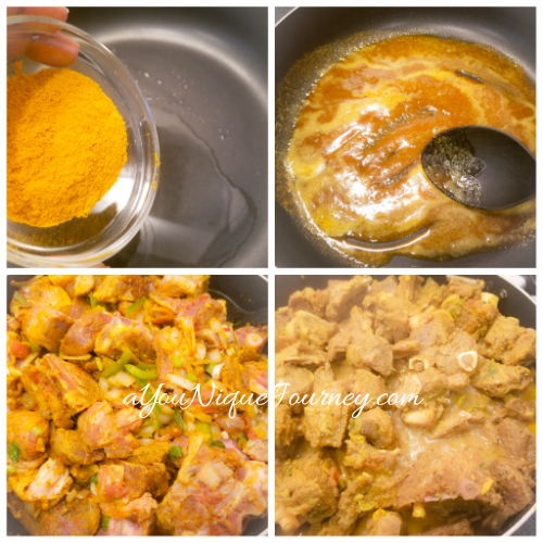 Adding the curry powder to the hot oil and then adding the marinated goat meat.