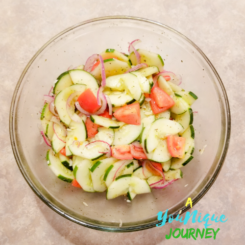 Cucumber Tomato Salad Recipe in a bowl.