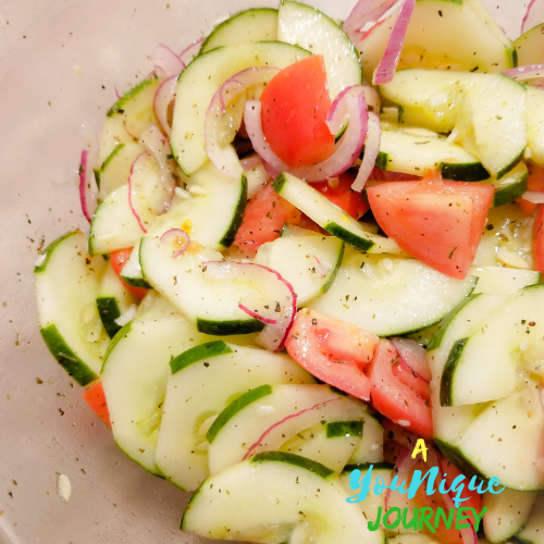 Cucumber Tomato Salad close up.