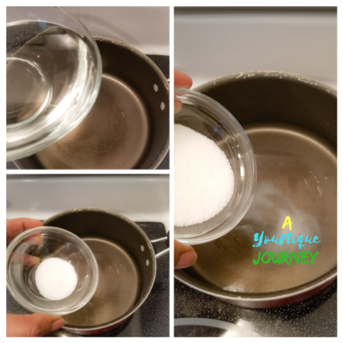 Making the vinegar mixture to pour over the herbs and vegetables.