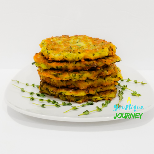 Zucchini Fritters on a white plate.