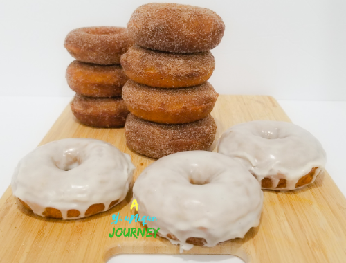 Baked Pumpkin Donuts with cinnamon sugar coating and vanilla glaze.