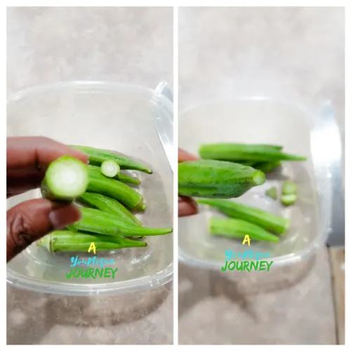 Cutting off the top and the bottom off the okra.