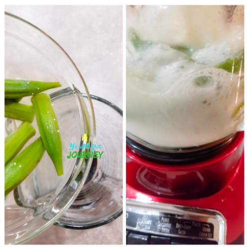 Blending the okras with the water it was boiled in.