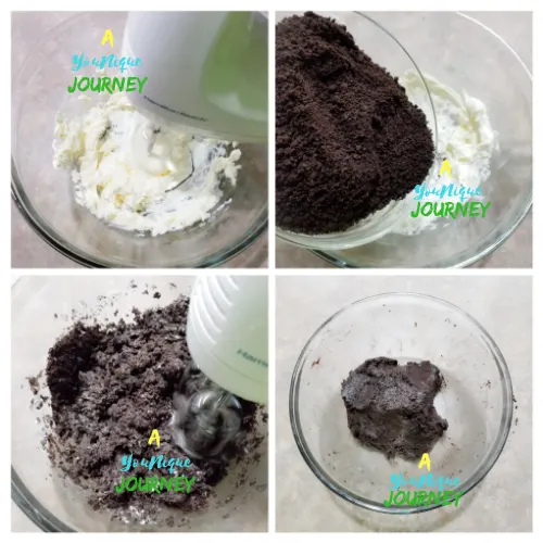 Mixing the cream cheese with the oreo crumbs to make the oreo balls.